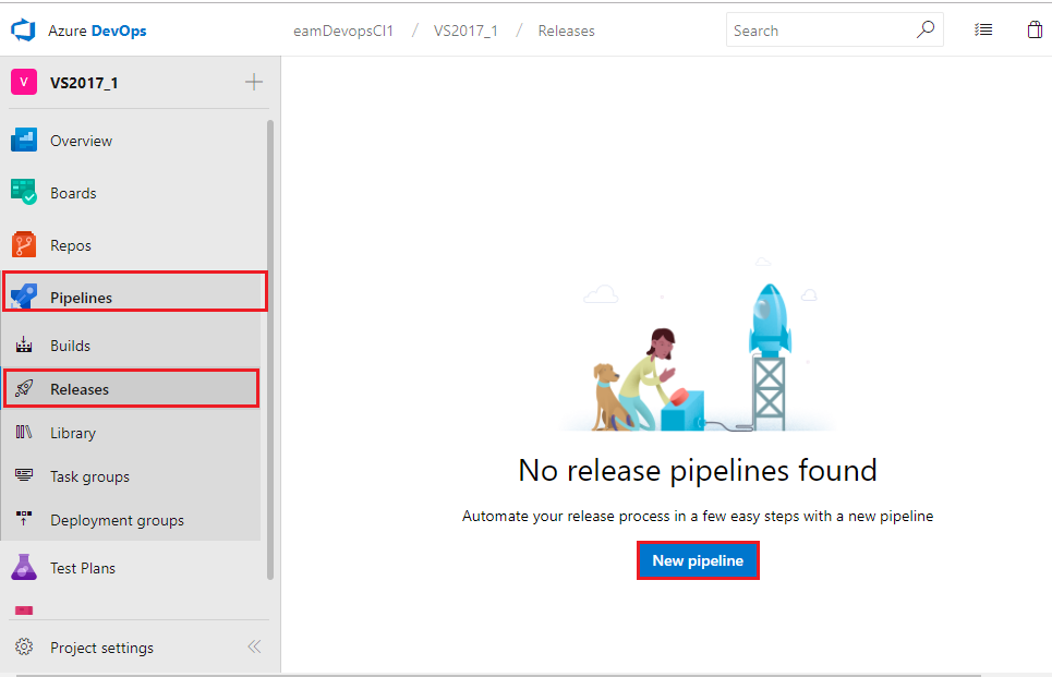Screenshot of Azure DevOps in the Pipelines then releases section and with the New Pipeline button highlighted